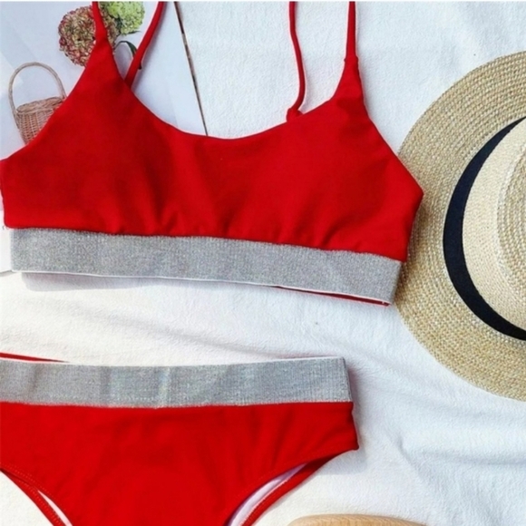 New Red Shimmering Bralette Top High waisted Bikini Set Swimsuit Size M - Picture 7 of 7